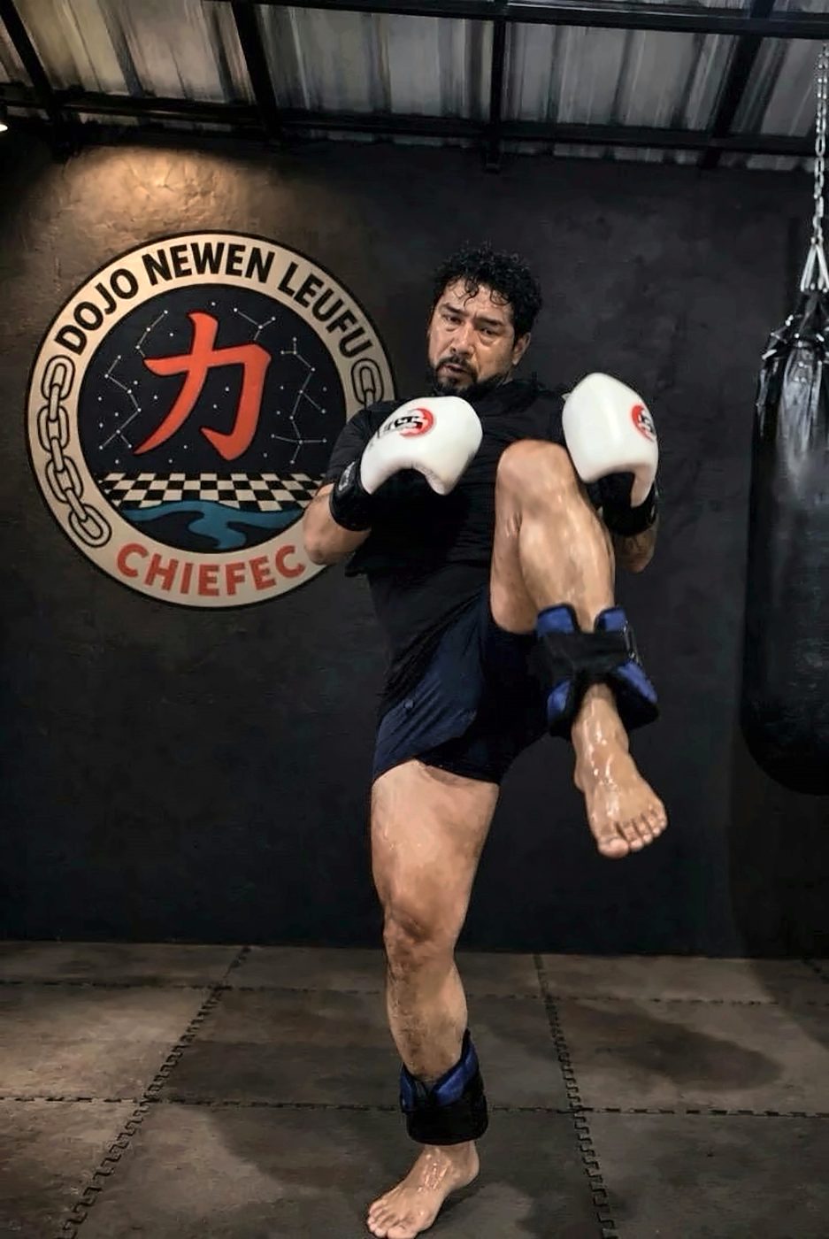 Rodillazo frente al emblema del dojo